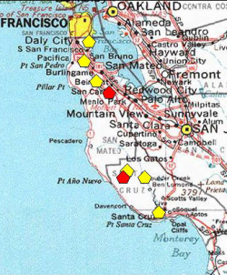 A red polygon indicates an extant occurrence; yellow indicates the occurrence has been extirpated. 